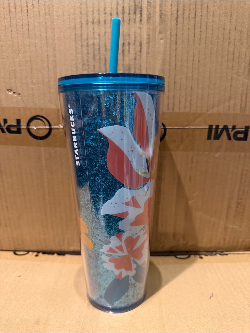 Starbucks Blue Glitter Floral Tumbler with Coral Flower Accents and Straw